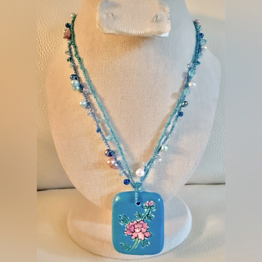 Blue Floral Hand painted Ceramic Pendant seed bead faux pearl artisan necklace